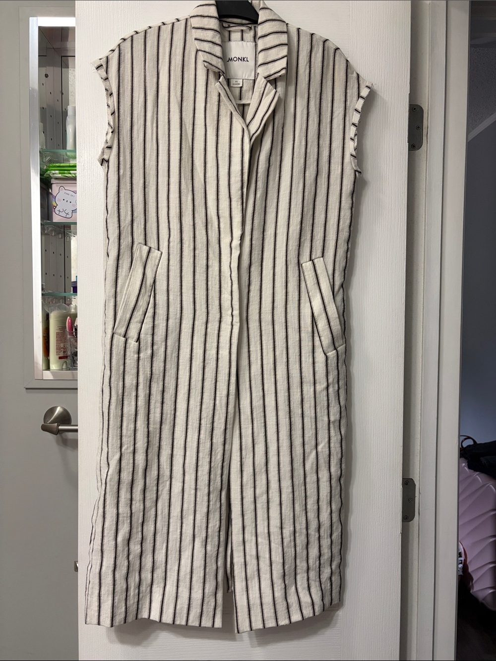 MonkL White Sleeveless Long Vest with Black Vertical Stripes size XS